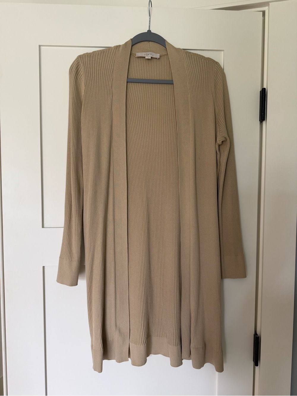 LOFT Ribbed Open-Front Cardigan in Taupe